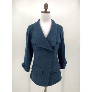 Teri Jon Sportswear Blue Boucle Wool Blend 3/4 Sleeve Blazer Jacket Sz 6